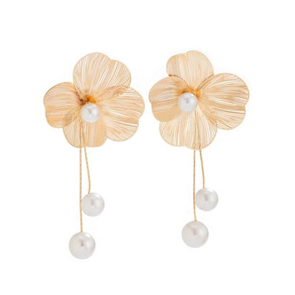 Gold Flower Dangle Earrings for Women Elegant Floral Drop Statement Jewelry Long Tassel Earrings - color: B-gold pearl Flower Earrings