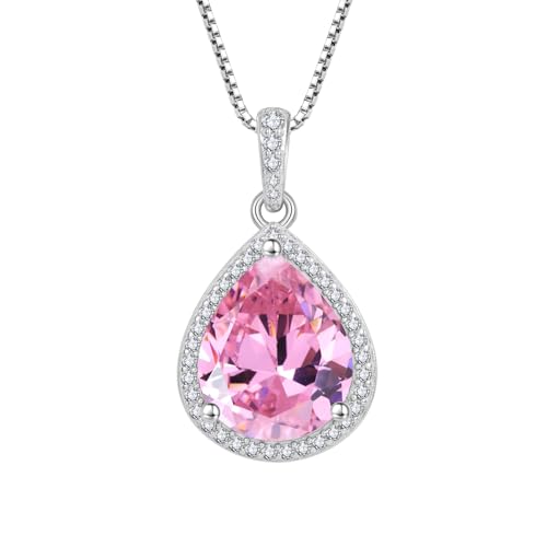 FJ Teardrop Pendant Necklace 925 Sterling Silver Birthstone Jewelry for Women - color: 10 October-Pink Tourmaline