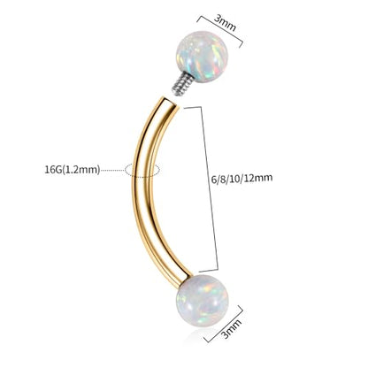 GAGABODY Titanium Eyebrow Jewelry - Curved Barbell & Labret Stud, 16g - Belly Button Ring & Cartilage Earring - Opal Bridge Jewelry - color: 1Pc-Gold+Ball Shape White Opal