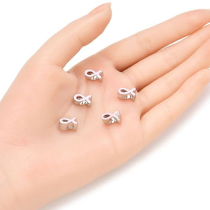 40pcs Pink Ribbon Symbol of Awareness Large Hole Enamel Beads (4.5mm Hole) Antique Silver - size: Pink Ribbon