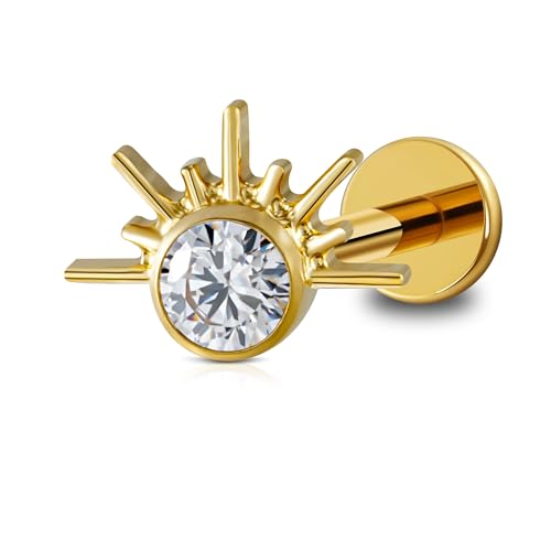 FINE4U 1PC ASTM F136 Titanium 16G Flatback Stud for Tragus, Helix, Conch 6mm 8mm - Screw on Cartilage Earring Piercing Jewelry - color: Sun CZ - Gold