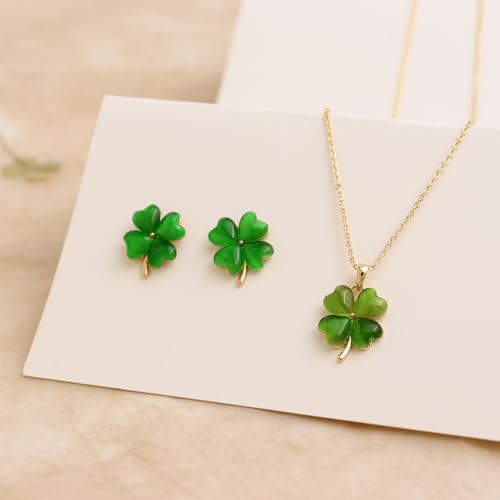 Gold Silver Stud Earrings Pendent Necklace Sets for Women, Dainty Rhinestone Crystal Necklace Earing Jewelry Set Wedding Accessories Fashion Holiday Gift - color: Green Four Leaf Clover St. Patrick's Day