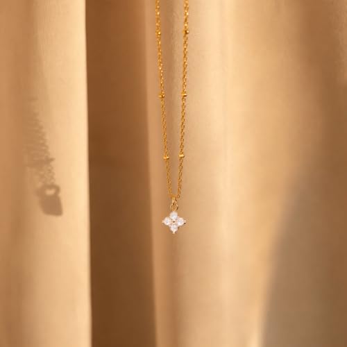 Gold Necklace for Women, Dainty 14K Gold Plated Pendant Necklaces for Women Trendy Simple Choker Chain Cubic Zirconia Circle/Interlocking/Sun/Pearl Necklace Fashion Jewelry Charm Gifts - color: Four-Leaf Clover-Satellite