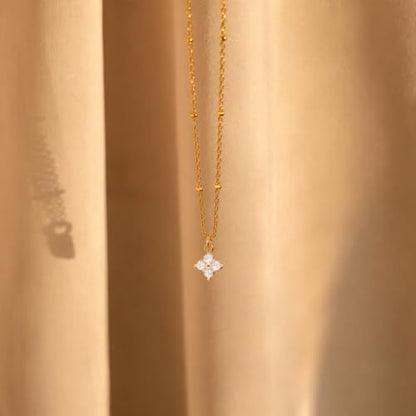Gold Necklace for Women, Dainty 14K Gold Plated Pendant Necklaces for Women Trendy Simple Choker Chain Cubic Zirconia Circle/Interlocking/Sun/Pearl Necklace Fashion Jewelry Charm Gifts - color: Four-Leaf Clover-Satellite