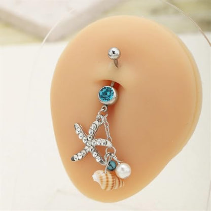 Starfish Dangle Belly Button Rings for Women Rhinestone Ocean Star with Pearl Conch Charm Navel Piercing Stainless Steel Curved Navel Barbell Ring Beach Jewelry - color: Pink