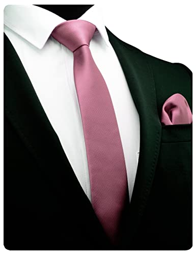 GUSLESON 2.4" Slim Necktie and Handkerchief Set For Men Solid Skinny Tie Set - color: Dusty Rose