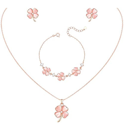 NEWITIN 4 Pcs Pink Jewelry Set for Women Lucky Necklace Bracelet Earrings | Hypoallergenic, Rose Gold Plated, Pink Cat Eye Stone, Four-Leaf Clover Necklace Bracelet Earring, Lucky Jewelry Set for Women