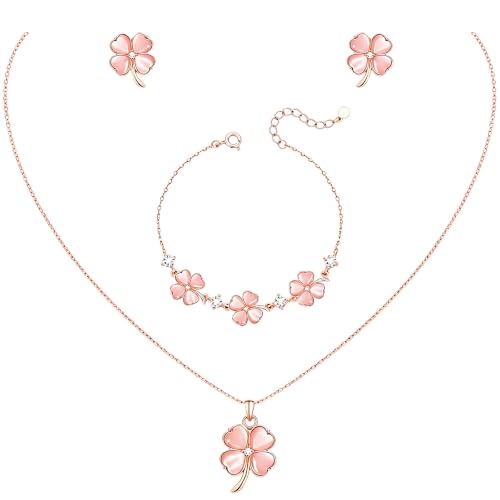 NEWITIN 4 Pcs Pink Jewelry Set for Women Lucky Necklace Bracelet Earrings | Hypoallergenic, Rose Gold Plated, Pink Cat Eye Stone, Four-Leaf Clover Necklace Bracelet Earring, Lucky Jewelry Set for Women