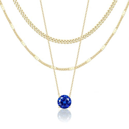 WomenGifts Layered Gold Necklaces for Women, 14K Gold Sterling Silver Plated Dainty Pendant Necklace Set Non Tarnish, Chunky Stackable Cuban Chain Choker, Trendy Birthstone Vacation Jewelry Gift - color: Gold, style: Cubic Zirconia-Created Sapphire-Sept