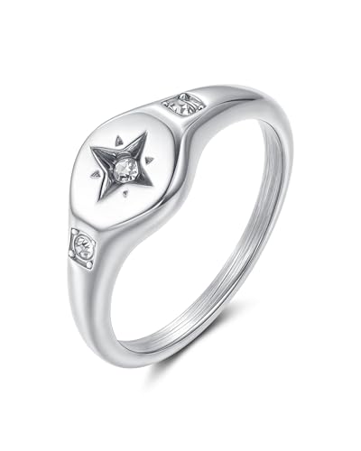 YeGieonr Gold Rings for Women Non Tarnish, 18K Gold Plated Stainless Steel North Star Signet Ring, Waterproof Dainty Pinky Statement Ring, Tarnish Free Gold Jewelry for Women - color: Mini North Star Silver