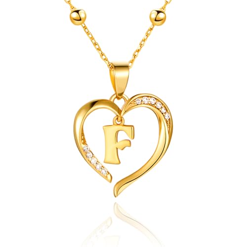 Cicy Bell Womens Heart Initial Necklace 18k Gold Plated | Personalized Letter Pendant, 17.7'' with 2'' Extender - color: Style 2-F-Gold