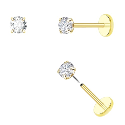 DAI JY 20G Threadless Flat Back Earrings hypoallergenic Titanium Small Stud Earrings Push-In CZ Nose Studs for Women Men Labret Cartilage Helix Conch Medusa Monroe Tragus Piercing Jewelry - color: Gold, size: 20g-3mm