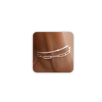 Freekiss Sparkle Glitter Waterproof Ankle Bracelets for Women Trendy | Dainty Layered Anklet for Women Adjustable Womens Anklet Set Stackable Beaded Cuban Link Anklets Beach Jewelry for Women - color: 2 Layered Anklet Paperclip-SL
