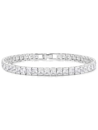 5A Cubic Zirconia Tennis Bracelet for Women, Rhodium/Yellow Gold Plated Hypoallergenic, Birthday Wedding Anniversary Jewelry - color: Princess Cut - White Gold