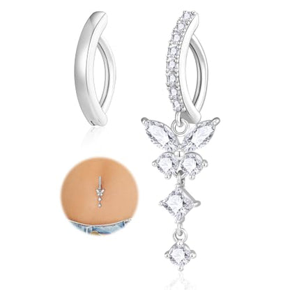 Apsvo 2Pcs Belly Button Ring for Women Surgical Steel CZ Clicker Belly Rings Hoop Teardrop Heart Dangle Belly Button Piercing Simple Reverse Navel Piercing Jewelry 14G - color: Silver-Butterfly