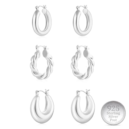 3Pairs 14K Gold Plated Chunky Hoop Earrings Set for Women, Trendy Hoop Earring 925 Sterling Silver Post - Hypoallergenic Thick Lightweight Twisted Hoops Dainty Gold Earrings for Women Jewelry Gifts - color: Silver