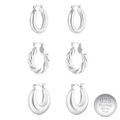 3Pairs 14K Gold Plated Chunky Hoop Earrings Set for Women, Trendy Hoop Earring 925 Sterling Silver Post - Hypoallergenic Thick Lightweight Twisted Hoops Dainty Gold Earrings for Women Jewelry Gifts - color: Silver