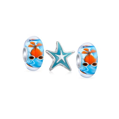 Bling Jewelry .925 Sterling Silver Travel Beach Tropical Happy Sand Blue Enamel Starfish & Nautical Fish Bowl Gold Murano Glass Spacer Bead Charm for Bracelet (Set of 3)
