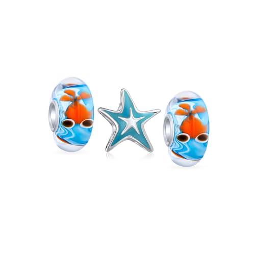 Bling Jewelry .925 Sterling Silver Travel Beach Tropical Happy Sand Blue Enamel Starfish & Nautical Fish Bowl Gold Murano Glass Spacer Bead Charm for Bracelet (Set of 3)