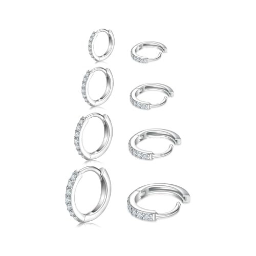 3 Pairs 925 Sterling Silver Small Hoop Earrings for Women Men | Cubic Zirconia, 14K White Gold Plated Huggie Hoop Earrings, Hypoallergenic - style: Aa-silver 6/8/10/12mm