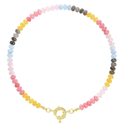 KissYan Beaded Gemstone Necklaces for Women | Colorful Bead Natural Stone Choker with 14K Gold Plated Spring Ring Clasp, Handmade Knot Jewelry for Summer Beach - color: R-Pink & Yellow