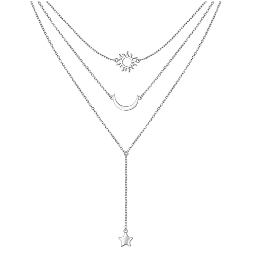 925 Sterling Silver Multilayer Layered Triple Long Chain Necklace for Women - style: Sun Moon Star