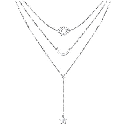 925 Sterling Silver Multilayer Layered Triple Long Chain Necklace for Women - style: Sun Moon Star