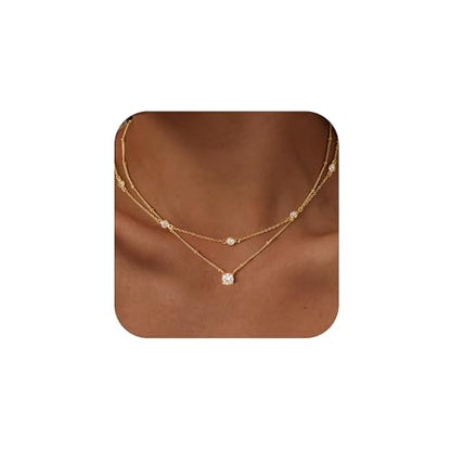 Yoosteel Layered 14K-Gold-Plated Necklace for Women,CZ Necklaces Stack | Dainty Cubic Zirconia Pendant Necklace,Simple Chain Choker Stackable,Trendy Jewelry,Wedding Bridesmaid Gifts - color: 01-Layered Round CZ