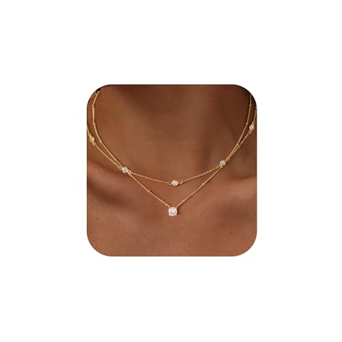 Yoosteel Layered 14K-Gold-Plated Necklace for Women,CZ Necklaces Stack | Dainty Cubic Zirconia Pendant Necklace,Simple Chain Choker Stackable,Trendy Jewelry,Wedding Bridesmaid Gifts - color: 01-Layered Round CZ