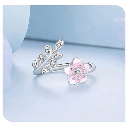Pink Cherry Blossoms Open Adjustable Ring S925 Sterling Silver Hypoallergenic Imitation Crystal Wedding Rings Promise Love Engagement Statement Imitation Cubic Zirconia Flower Jewelry for Women Bff