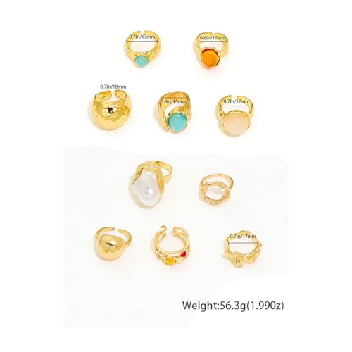 GIGB PBDK Gold Chunky Hammered Dome Resin Rings,Open Adjustable Baroque Pearl Stackable Knuckle Finger Rings Set Party Jewelry Trendy Accessories Gift for Women