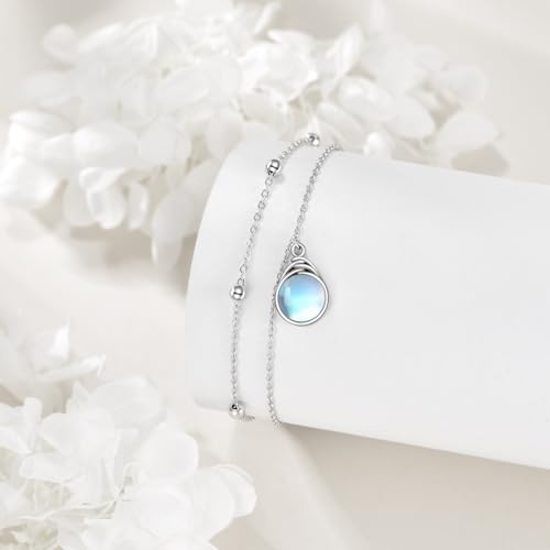 POPLYKE Frog/Pearl/Dragonfly/Ladybug/Highland Cow/Pearl/Moonstone Anklets Sterling Silver Double Layered Chain Beach Anklets for Women Foot Jewelry - style: Moonstone