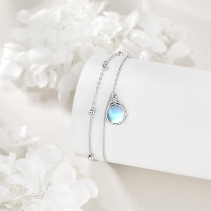 POPLYKE Frog/Pearl/Dragonfly/Ladybug/Highland Cow/Pearl/Moonstone Anklets Sterling Silver Double Layered Chain Beach Anklets for Women Foot Jewelry - style: Moonstone