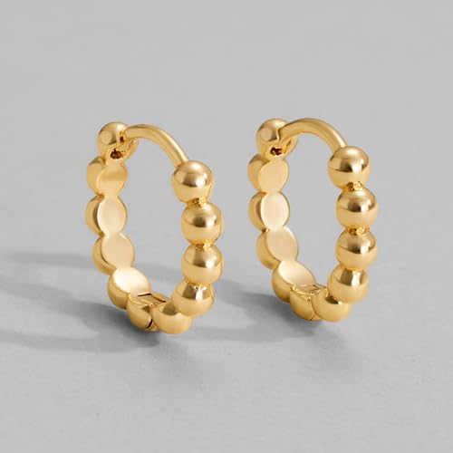 Dremmy Studios Dainty CZ Huggie Hoop Earrings 14K Gold Plated Chunky Simple Cute Thick Round Frill Bead Ball Starburst Cuff Earrings Cubic Zirconia Hoop Earrings Minimalist Personalized Gift for Her - color: Bead C