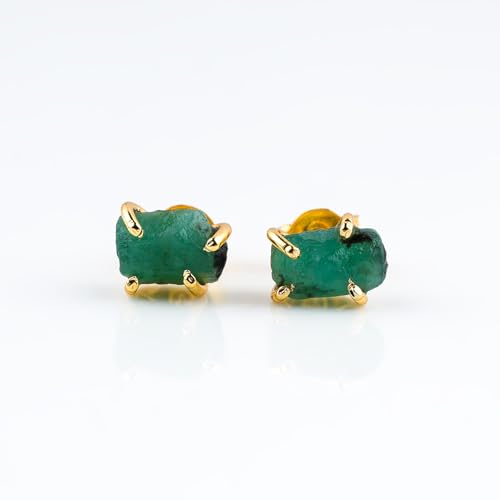 YASHEE Emerald Crystals Stud Earring, Raw Stone, Chakra Energy Healing Gemstone, Real Crystal, May Birthstone, Women & Girls Push Back Earrings, Gold Plated Christmas Gift Jewelry