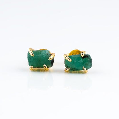 YASHEE Emerald Crystals Stud Earring, Raw Stone, Chakra Energy Healing Gemstone, Real Crystal, May Birthstone, Women & Girls Push Back Earrings, Gold Plated Christmas Gift Jewelry
