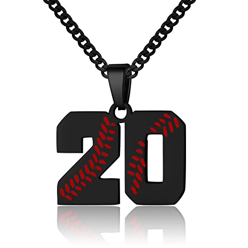 Hatti Doris Baseball Number Necklace for Men 00-99 - Jersey Number Necklace with Stainless Steel Gold Plated Chain & Baseball Charm Pendant - color: Black, style: 20