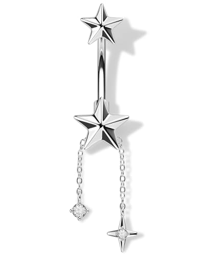Melighting 14G Gold Belly Button Ring Dangle Chain, 10 mm Stainless Steel Belly Piercing Jewelry with CZ Heart Star Design, Cute Silver Navel Ring for Beach Daily Wear Women - color: Steel Star