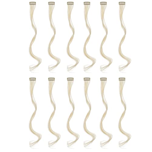 12 Pcs Curly Wavy One Color Party Highlights Clip on in Hair Extensions For Women Colored Hair Streak Synthetic Hairpieces (Platinum Blonde) - color: Platinum Blonde