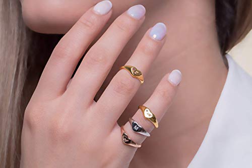 Women Heart-shaped ring in solid Gold 9k, 14k, & 18k, Heart Signet for pinky finger, Initial engraved chevalier ring, Unique love gift, RN310