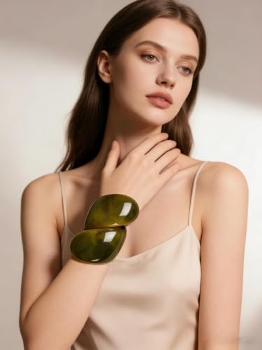 GelConnie Chunky Cuff Bangle Bracelet for Women, Statement Jewelry | Gold and Silver Tone Cuff Bangles with Resin, Crystal and Textured Accents for Party, Vacation and Dressy Looks - style: Bangle 05-Green