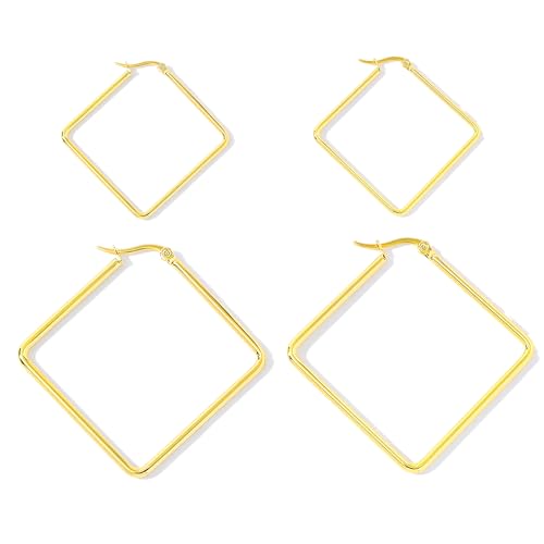 Hoop Earrings for Women - 18K Gold Plated Copper Minimalist Jewelry, Hypoallergenic Lightweight Design Fashion Statement Accessories for Daily Wear & Gifts - size: 34mm+57mm