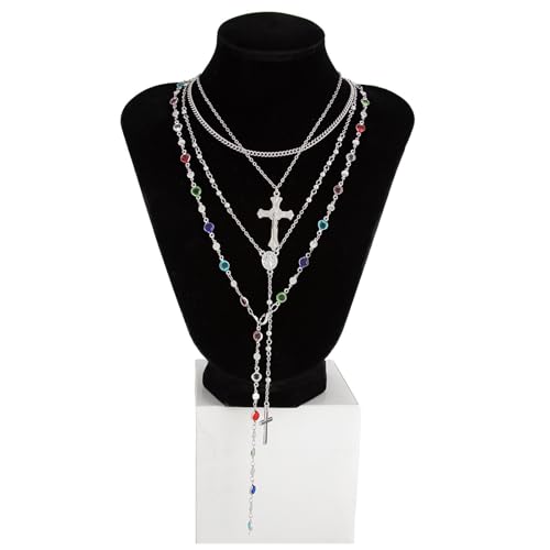 Layered Cross Necklace Set for Women, Layered Choker Necklaces Trendy Jewelry, Colorful Enamel Beaded Y-Shaped Lariat Necklace, Boho Multilayer Cross Necklace for Party and Daily Wear - color: Silver-02