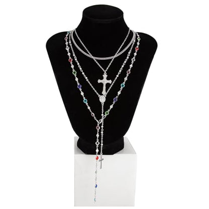 Layered Cross Necklace Set for Women, Layered Choker Necklaces Trendy Jewelry, Colorful Enamel Beaded Y-Shaped Lariat Necklace, Boho Multilayer Cross Necklace for Party and Daily Wear - color: Silver-02
