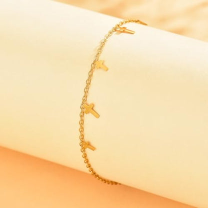 18K Gold Plated Ankle Bracelets for Women Stainless Steel Anklet with Star Cross Disc Coin Teardrop Charms Waterproof Thin Chain Ankle Jewelry Gift for Her - style: Cross-Gold
