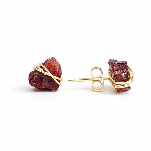 Gempires Wire Wrapped Raw Gemstone Stud Earrings for Women, Birthstone | Handmade wire-wrapped raw gemstone stud earrings — choose from stones and birthstones, artisan raw crystals on gold. - style: Red Garnet