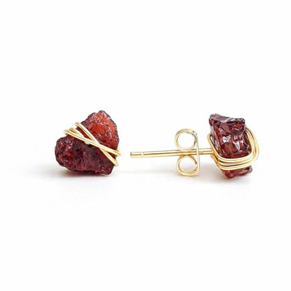 Gempires Wire Wrapped Raw Gemstone Stud Earrings for Women, Birthstone | Handmade wire-wrapped raw gemstone stud earrings — choose from stones and birthstones, artisan raw crystals on gold. - style: Red Garnet
