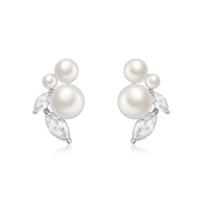 Crysdue Clip On Simulated Pearl Earrings, Sparkle Cubic Zirconia Stud Earring Wedding Jewelry for Women Brides Bridesmaid Silver
