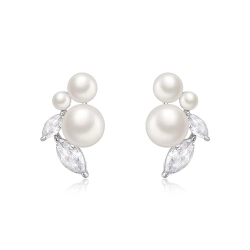 Crysdue Clip On Simulated Pearl Earrings, Sparkle Cubic Zirconia Stud Earring Wedding Jewelry for Women Brides Bridesmaid Silver