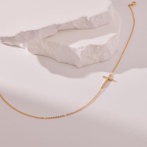 Poxtex Cross Necklace for Women Teen Girls, Dainty 14K Gold Silver Plated Cross Choker Jewelry Non Tarnish Waterproof Cute Simple Small Necklace Christian Baptism Religious Faith Jewelry Gifts - color: 05 Sideway Cross Necklace- CZS